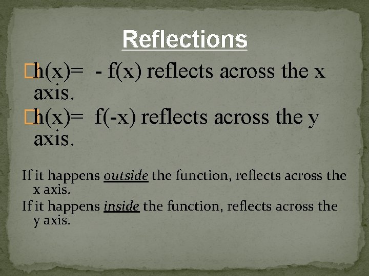 Reflections �h(x)= - f(x) reflects across the x axis. �h(x)= f(-x) reflects across the