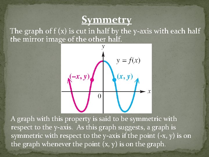 Symmetry The graph of f (x) is cut in half by the y-axis with