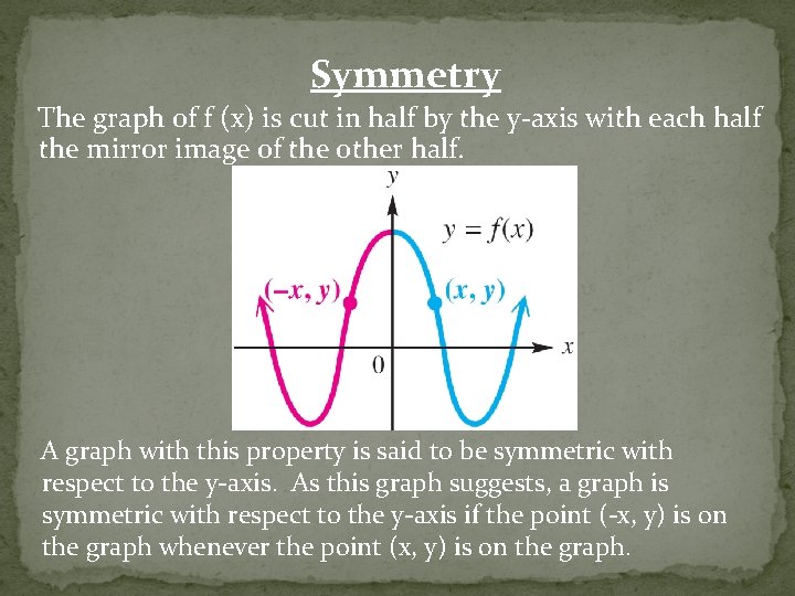 Symmetry The graph of f (x) is cut in half by the y-axis with