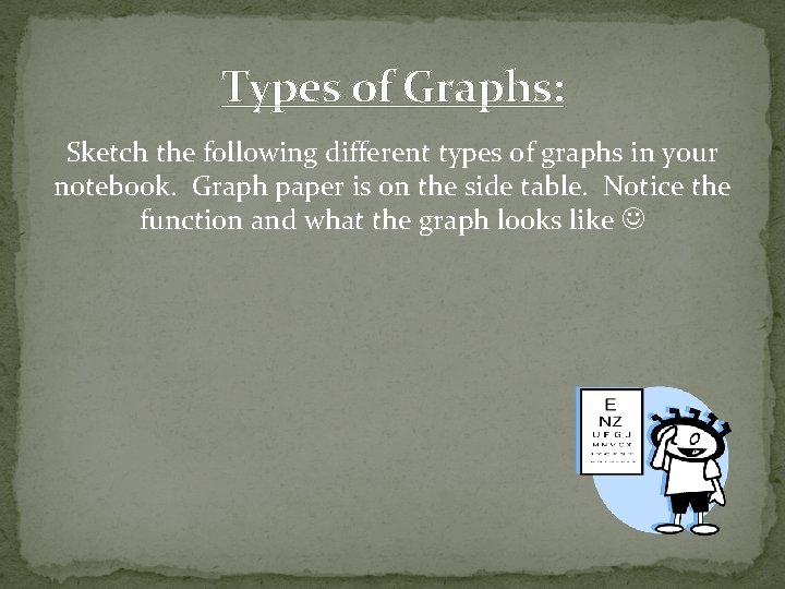 Types of Graphs: Sketch the following different types of graphs in your notebook. Graph