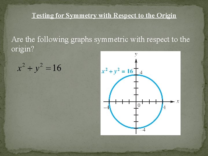 Testing for Symmetry with Respect to the Origin Are the following graphs symmetric with