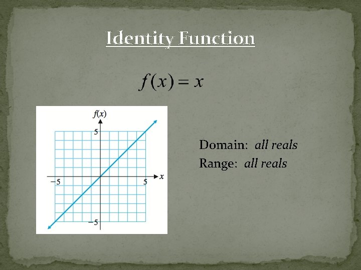 Identity Function Domain: all reals Range: all reals 