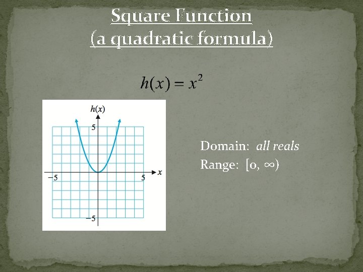 Square Function (a quadratic formula) Domain: all reals Range: [0, ∞) 