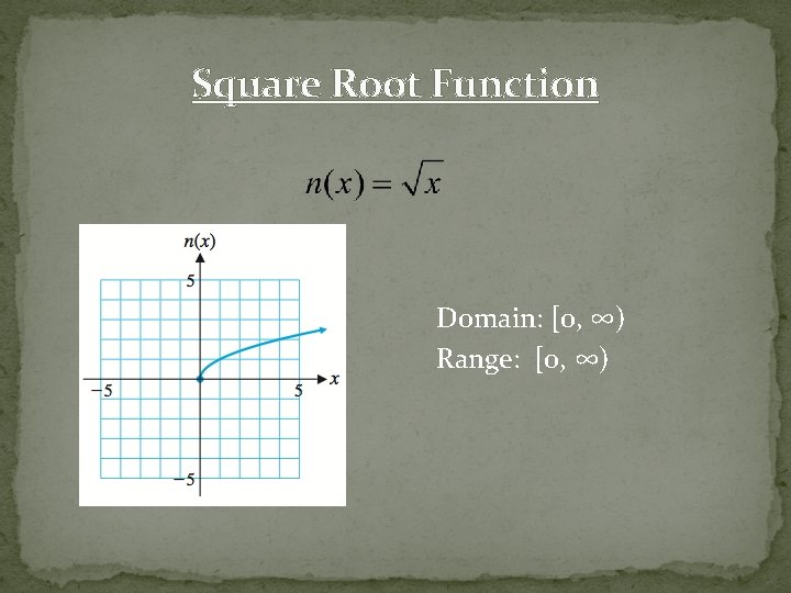 Square Root Function Domain: [0, ∞) Range: [0, ∞) 