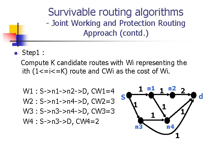 Survivable routing algorithms - Joint Working and Protection Routing Approach (contd. ) n Step