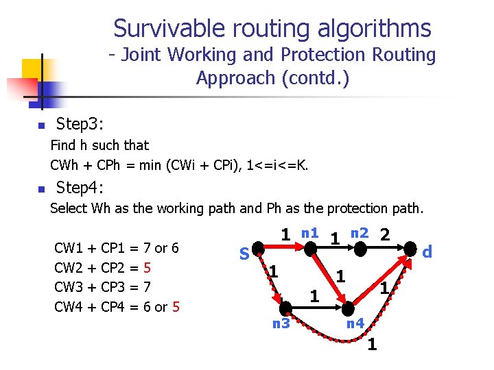Survivable routing algorithms - Joint Working and Protection Routing Approach (contd. ) n Step