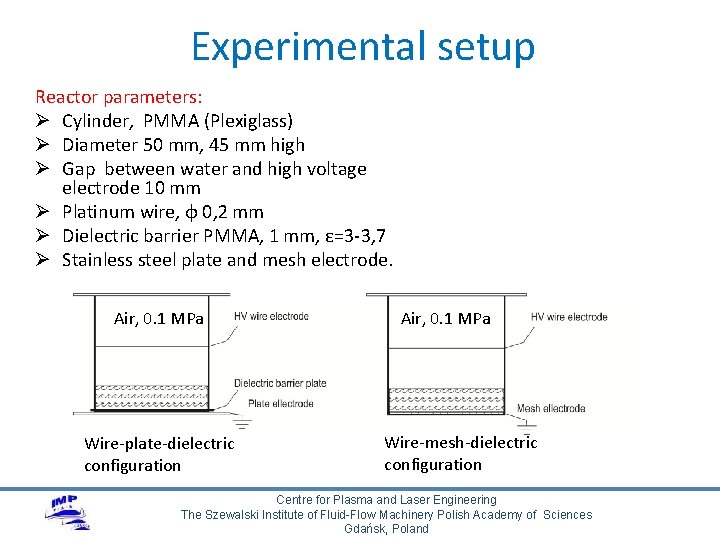 Experimental setup Reactor parameters: Ø Cylinder, PMMA (Plexiglass) Ø Diameter 50 mm, 45 mm