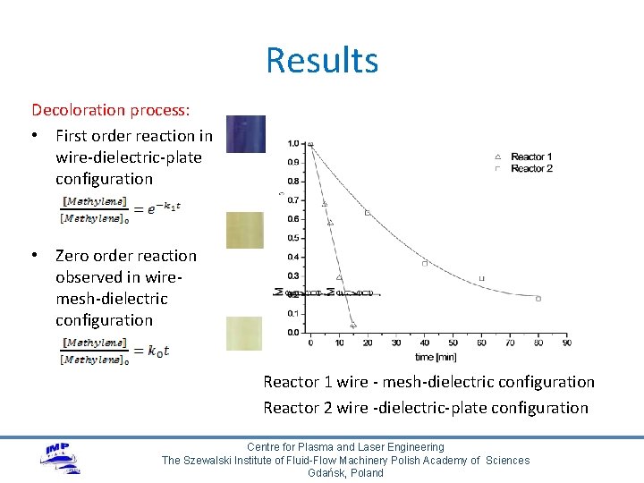 Results Decoloration process: • First order reaction in wire-dielectric-plate configuration • Zero order reaction