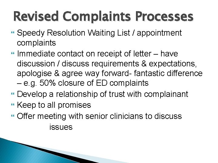 Revised Complaints Processes Speedy Resolution Waiting List / appointment complaints Immediate contact on receipt