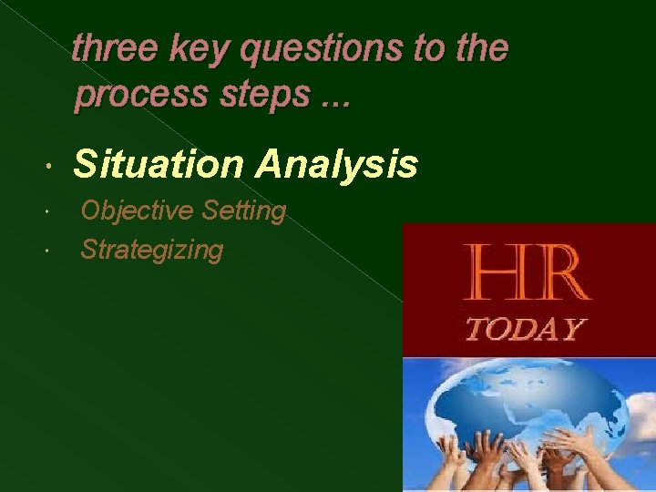 three key questions to the process steps. . . Situation Analysis Objective Setting Strategizing