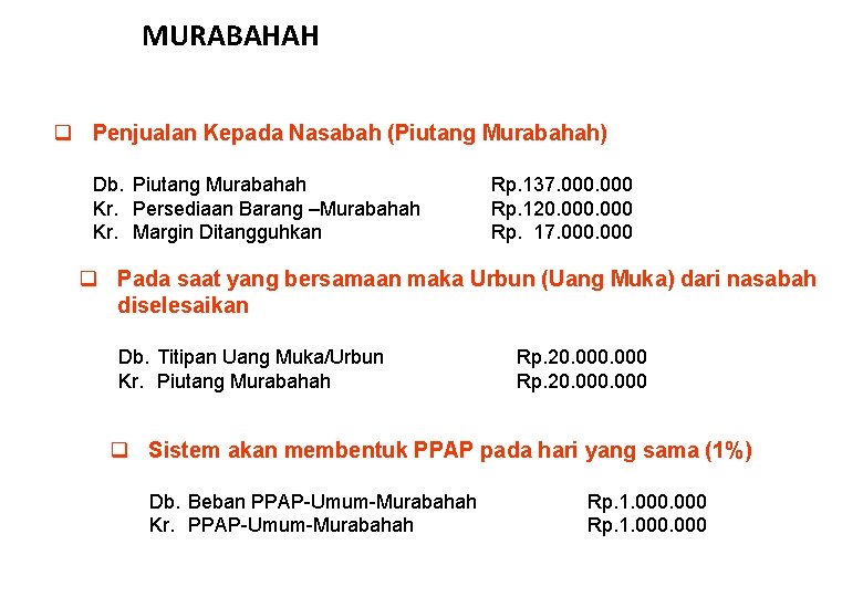 MURABAHAH q Penjualan Kepada Nasabah (Piutang Murabahah) Db. Piutang Murabahah Kr. Persediaan Barang –Murabahah