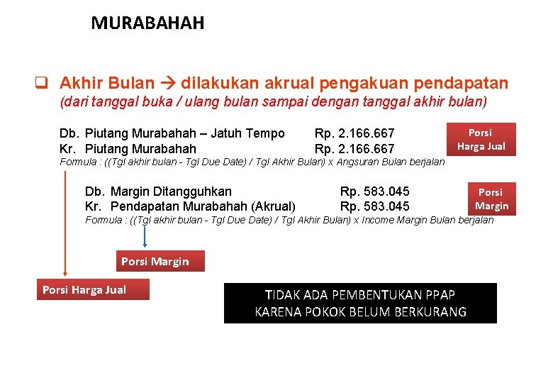 MURABAHAH PENGAKUAN PENDAPATAN AKHIR BULAN q Akhir Bulan dilakukan akrual pengakuan pendapatan (dari tanggal