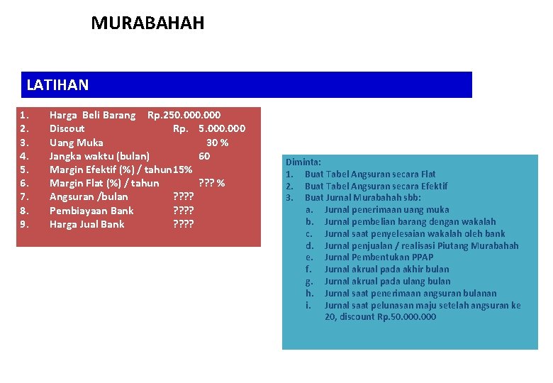 MURABAHAH LATIHAN 1. 2. 3. 4. 5. 6. 7. 8. 9. Harga Beli Barang