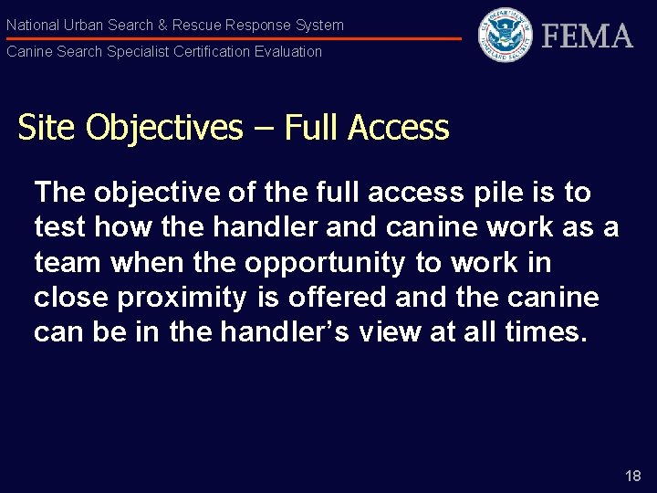 National Urban Search & Rescue Response System Canine Search Specialist Certification Evaluation Site Objectives
