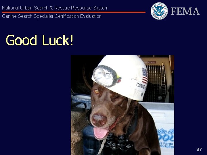 National Urban Search & Rescue Response System Canine Search Specialist Certification Evaluation Good Luck!