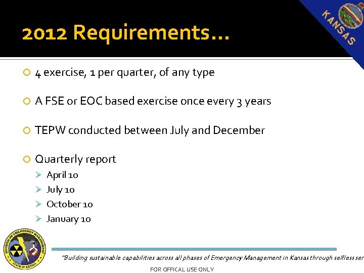 2012 Requirements… 4 exercise, 1 per quarter, of any type A FSE or EOC