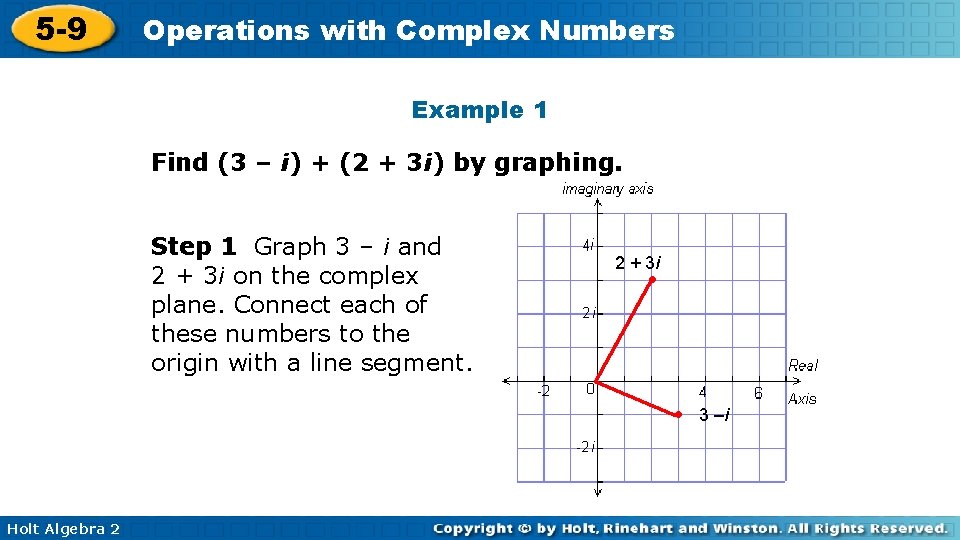 5 -9 Operations with Complex Numbers Example 1 Find (3 – i) + (2