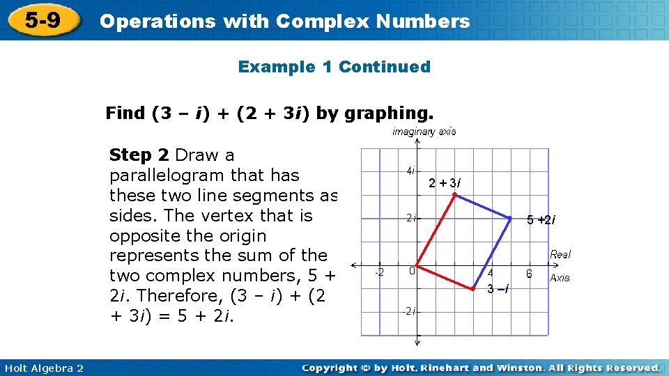 5 -9 Operations with Complex Numbers Example 1 Continued Find (3 – i) +