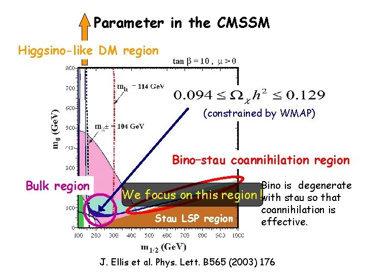 Parameter in the CMSSM Higgsino-like DM region (constrained by WMAP) Bino–stau coannihilation region Bulk