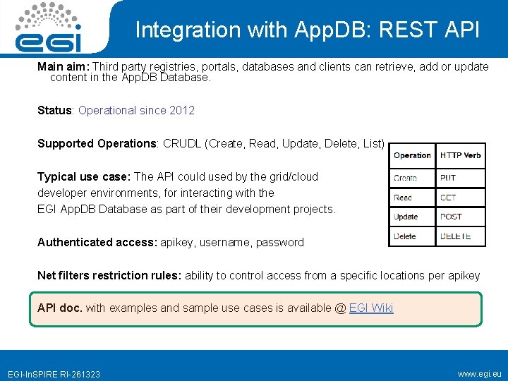 Integration with App. DB: REST API Main aim: Third party registries, portals, databases and