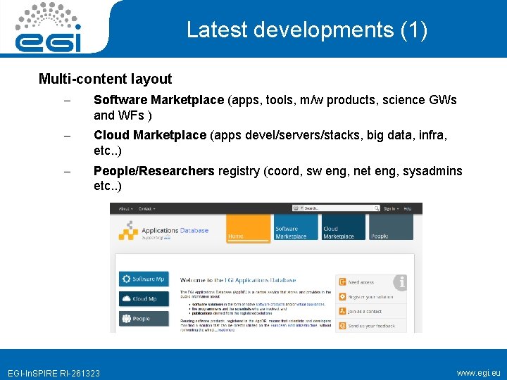 Latest developments (1) Multi-content layout – Software Marketplace (apps, tools, m/w products, science GWs