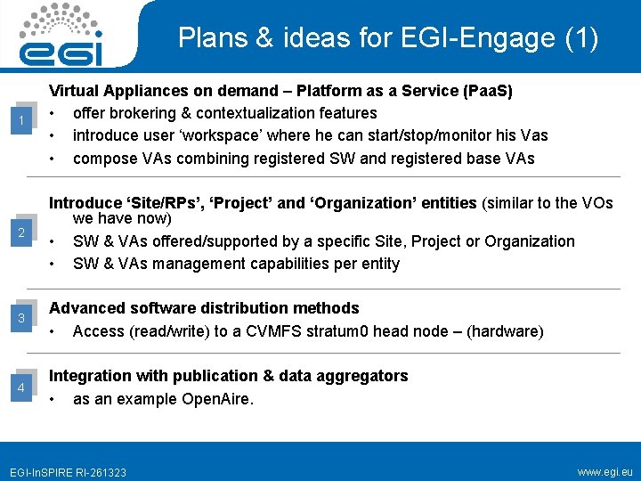 Plans & ideas for EGI-Engage (1) 1 Virtual Appliances on demand – Platform as