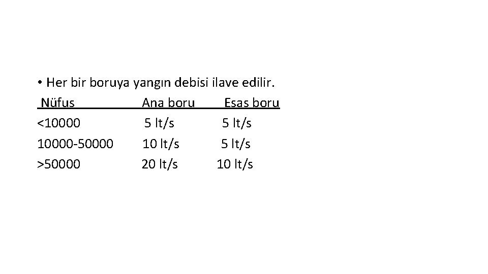  • Her bir boruya yangın debisi ilave edilir. Nüfus Ana boru Esas boru