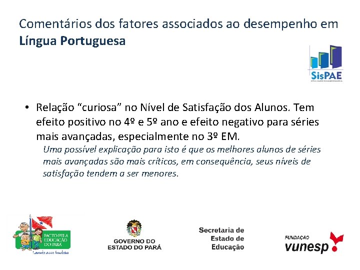 Comentários dos fatores associados ao desempenho em Língua Portuguesa • Relação “curiosa” no Nível