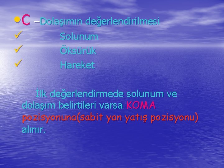  • C –Dolaşımın değerlendirilmesi ü ü ü Solunum Öksürük Hareket İlk değerlendirmede solunum