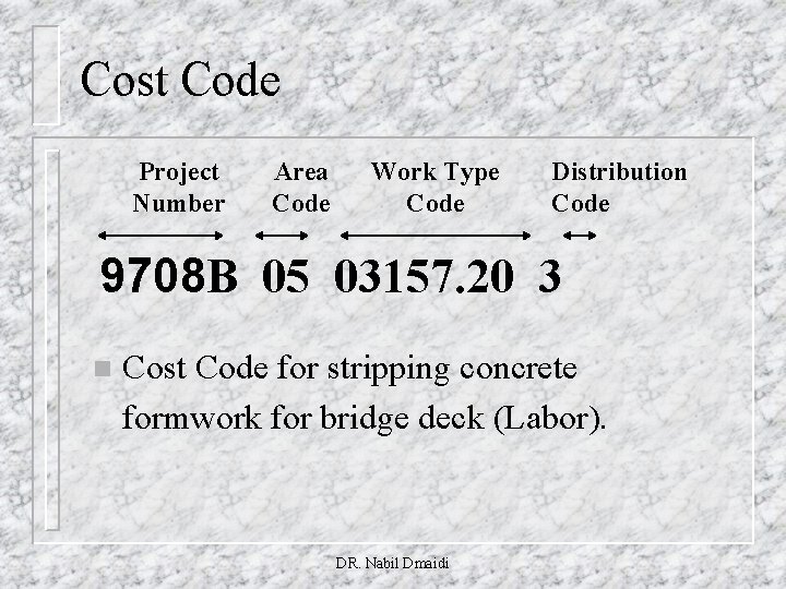 Cost Code Project Number Area Code Work Type Code Distribution Code 9708 B 05