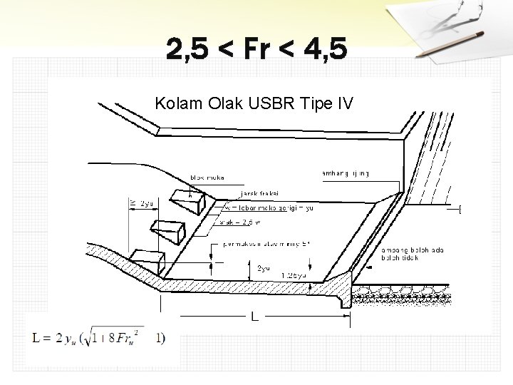 2, 5 < Fr < 4, 5 Kolam Olak USBR Tipe IV 