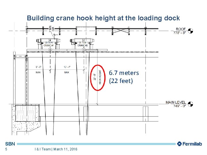 Building crane hook height at the loading dock 6. 7 meters (22 feet) SBN