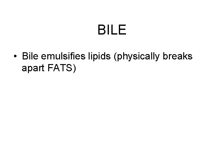 BILE • Bile emulsifies lipids (physically breaks apart FATS) 