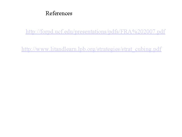 References http: //forpd. ucf. edu/presentations/pdfs/FRA%202007. pdf http: //www. litandlearn. lpb. org/strategies/strat_cubing. pdf 