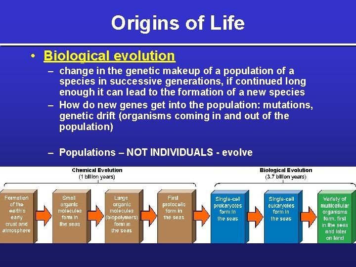 Origins of Life • Biological evolution – change in the genetic makeup of a