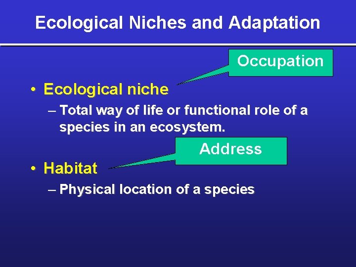 Ecological Niches and Adaptation Occupation • Ecological niche – Total way of life or