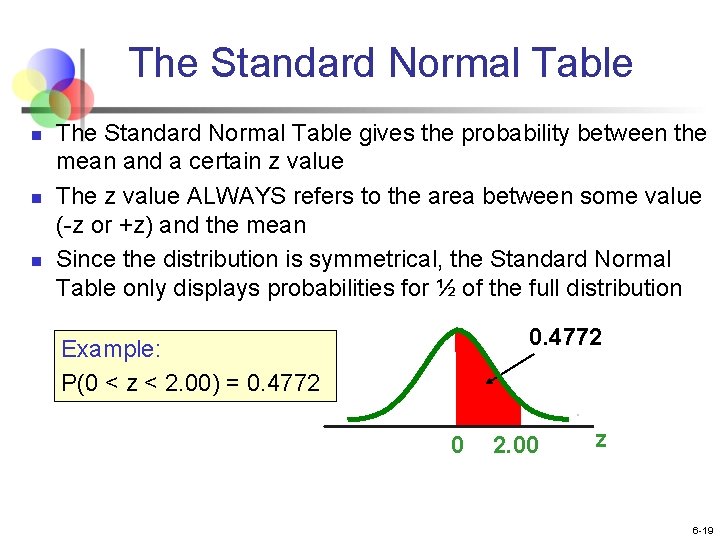 The Standard Normal Table n n n The Standard Normal Table gives the probability