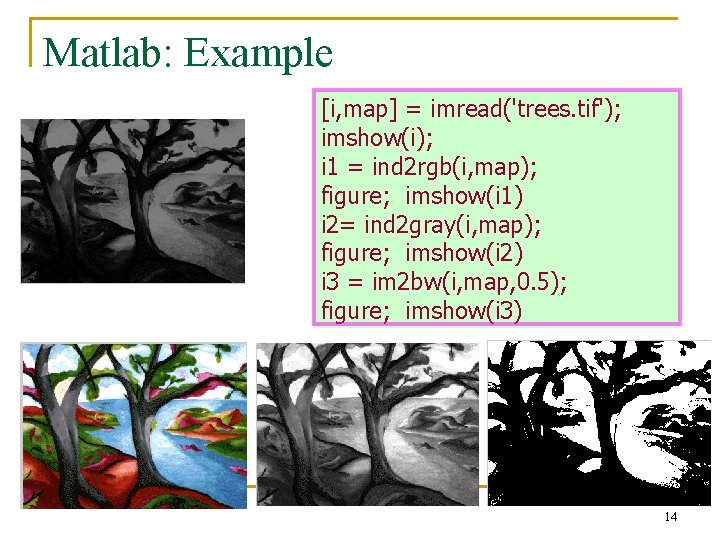 Matlab: Example [i, map] = imread('trees. tif'); imshow(i); i 1 = ind 2 rgb(i,
