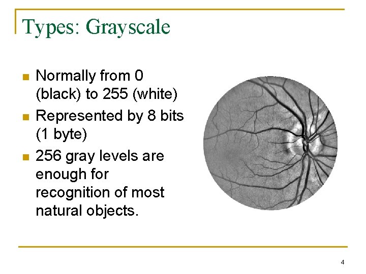 Types: Grayscale n n n Normally from 0 (black) to 255 (white) Represented by