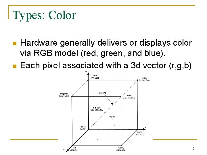 Types: Color n n Hardware generally delivers or displays color via RGB model (red,
