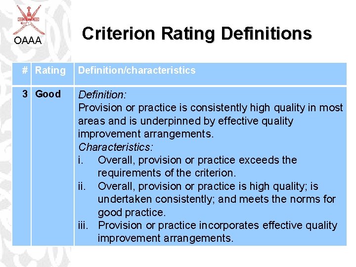 OAAA Criterion Rating Definitions # Rating Definition/characteristics 3 Good Definition: Provision or practice is