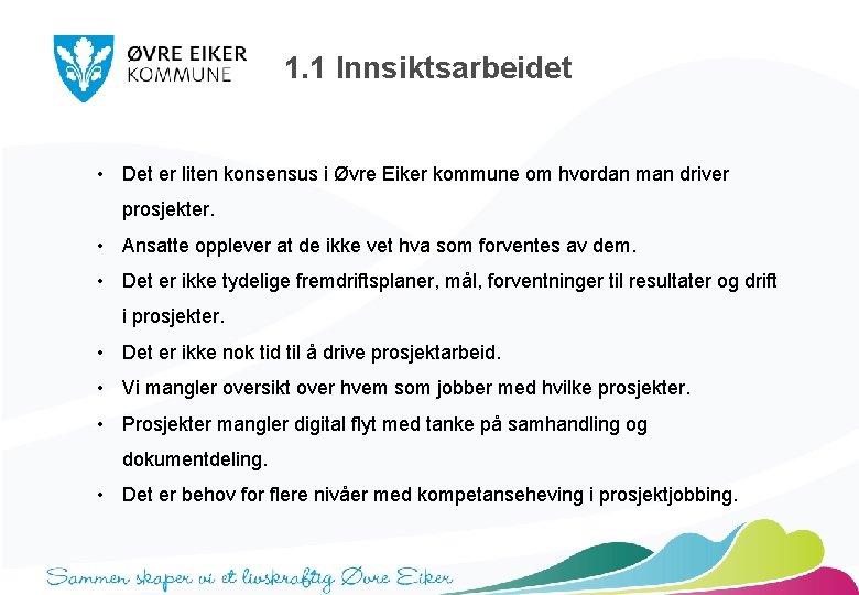 1. 1 Innsiktsarbeidet • Det er liten konsensus i Øvre Eiker kommune om hvordan