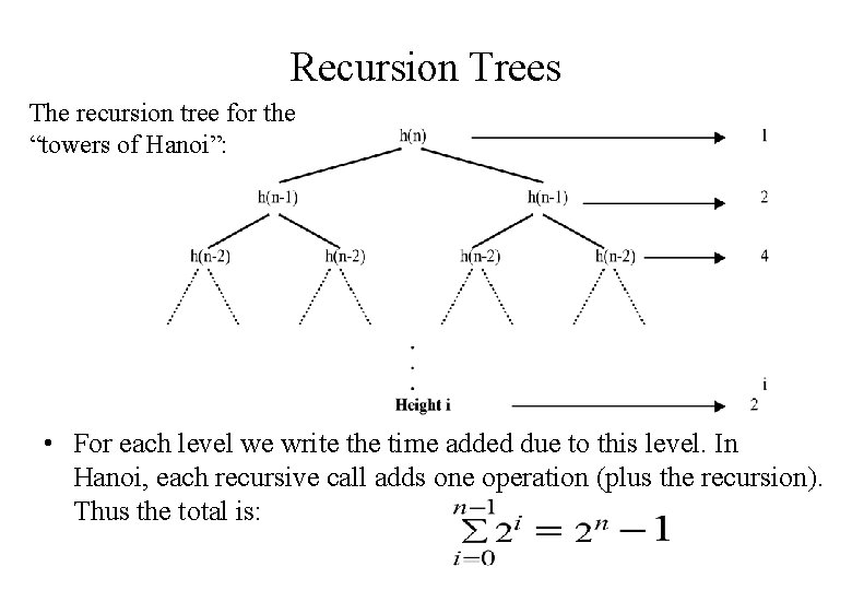 Recursion Trees The recursion tree for the “towers of Hanoi”: • For each level