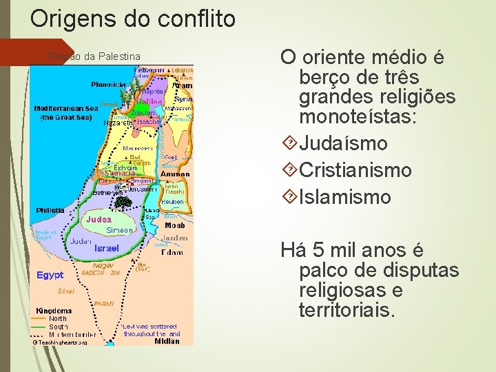 Origens do conflito Região da Palestina O oriente médio é berço de três grandes