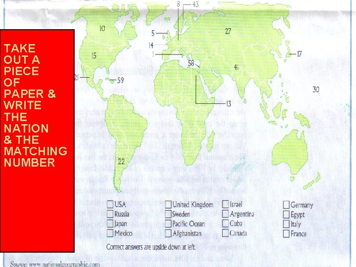 TAKE OUT A PIECE OF PAPER & WRITE THE NATION & THE MATCHING NUMBER