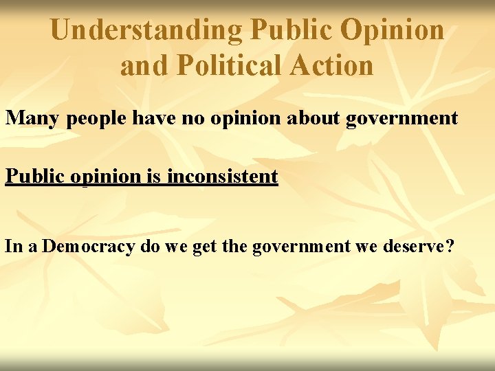 Understanding Public Opinion and Political Action Many people have no opinion about government Public