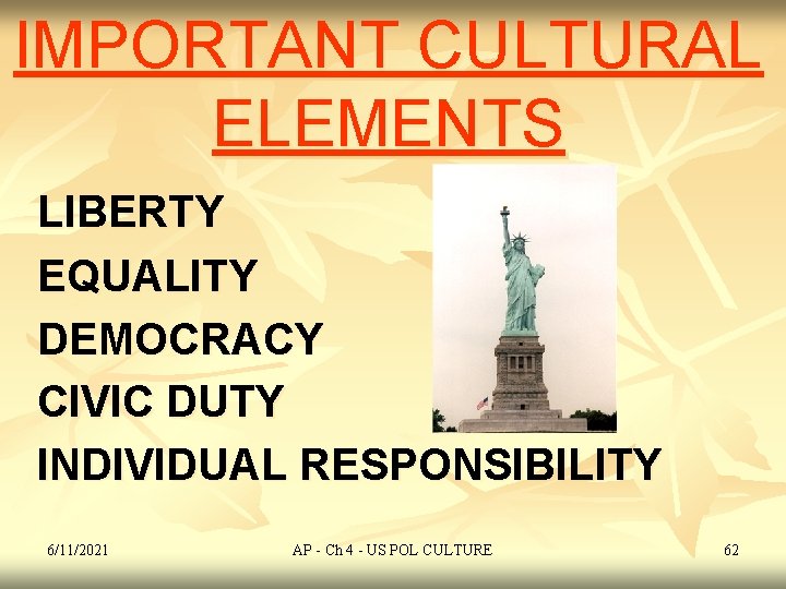 IMPORTANT CULTURAL ELEMENTS LIBERTY EQUALITY DEMOCRACY CIVIC DUTY INDIVIDUAL RESPONSIBILITY 6/11/2021 AP - Ch