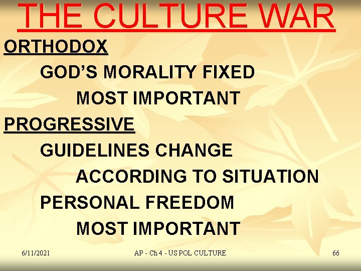 THE CULTURE WAR ORTHODOX GOD’S MORALITY FIXED MOST IMPORTANT PROGRESSIVE GUIDELINES CHANGE ACCORDING TO