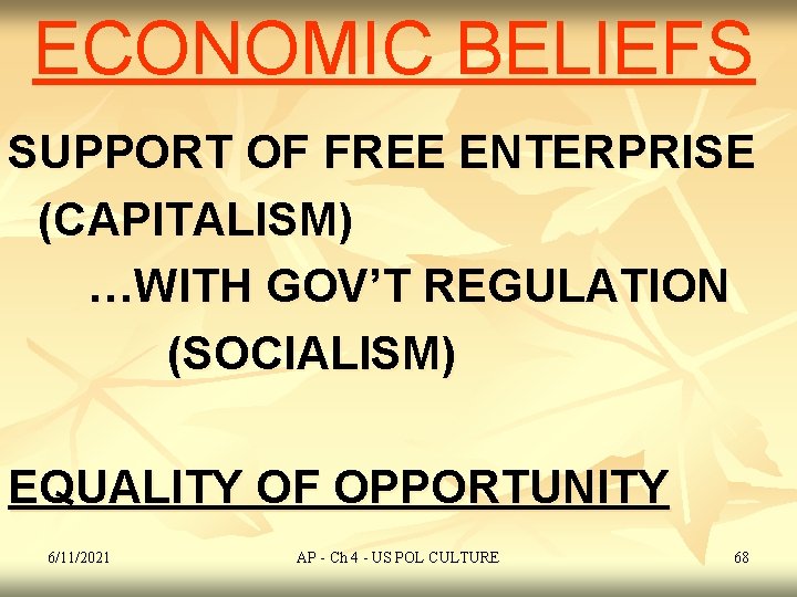 ECONOMIC BELIEFS SUPPORT OF FREE ENTERPRISE (CAPITALISM) …WITH GOV’T REGULATION (SOCIALISM) EQUALITY OF OPPORTUNITY