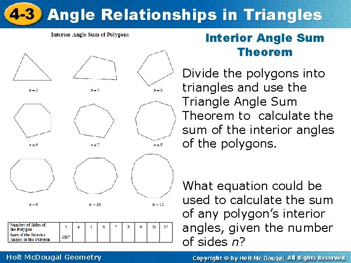 4 -3 Angle Relationships in Triangles Interior Angle Sum Theorem Divide the polygons into